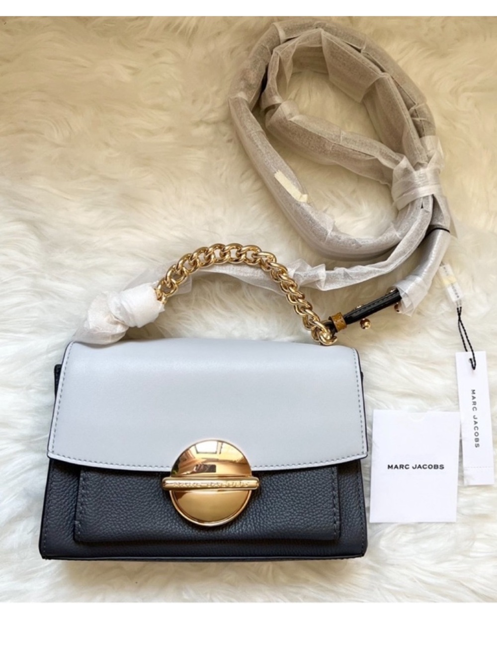 New! Marc Jacobs The Tuck Lock Leather Crossbody Shoulder Bag in Gray Multi